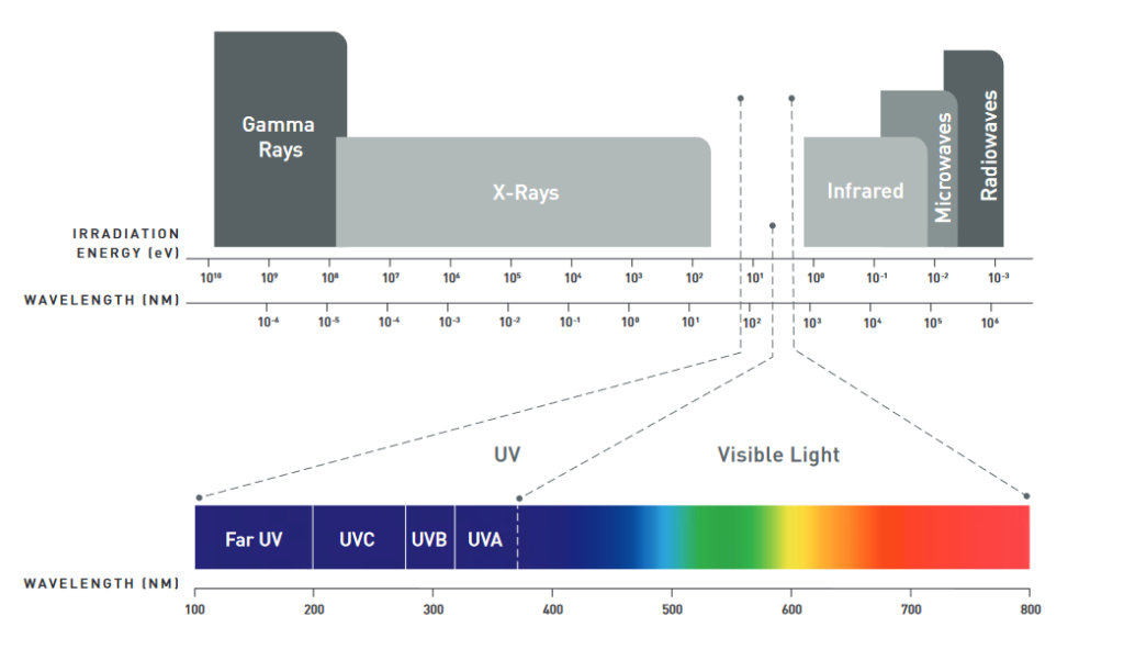 Machine generated alternative text:
Gamma 
Rays 
X-Rays 
110' I 
Infrared 
IRRADIATION 
ENERGY (evl 
WAVELENGTH (NM) 
Far UV 
WAVELENGTH (NM) 
100 
105 
UV 
UVA 
Visible Light 
UVC 
200 
WB 
300 
700 
800 